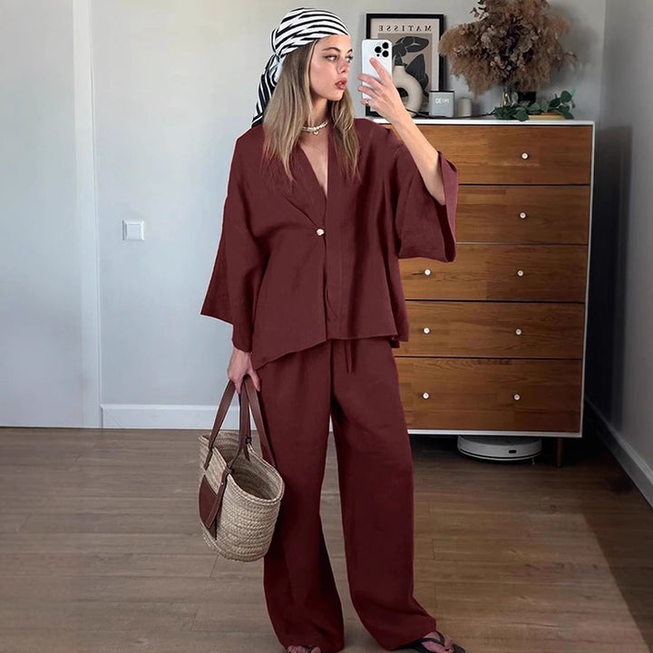 Women Casual Linen Look Two Piece with Kimono Blazer and Wide Palazzo Pants Mune Fashion