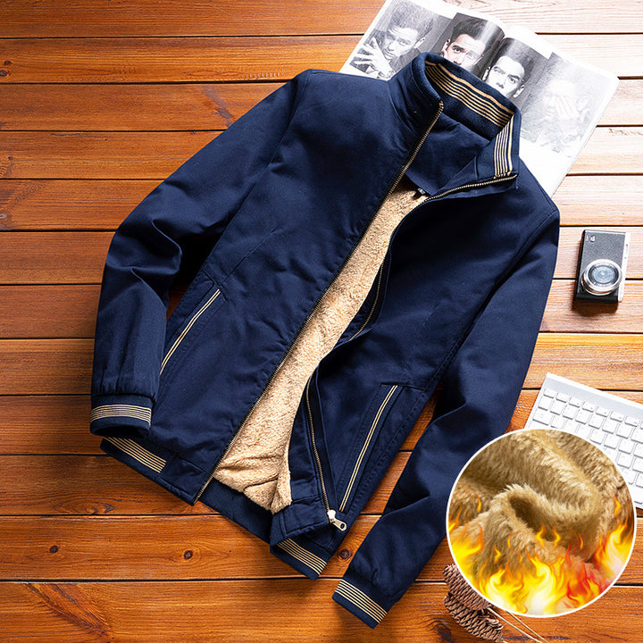 Men's thermal lined casual bomber jacket with teddy lining, zip pockets, and stand-up collar Mune Fashion
