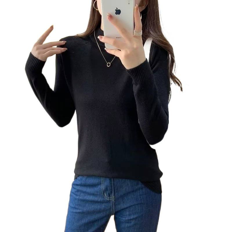 Ladies Fine Long Sleeve Fine Knit Sweater with Narrow Stand-Up Collar and Ribbed Cuffs Mune Fashion