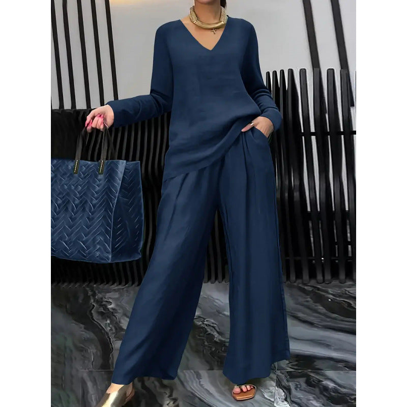 Women's Fine V-Neck Knit Sweater with Flowing Palazzo Pants Mune Fashion