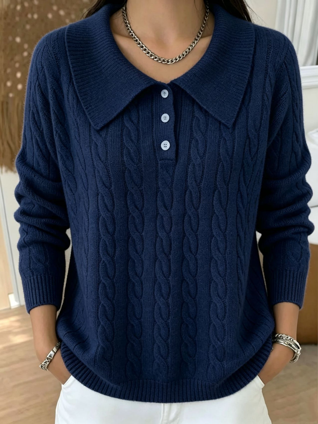 Women's cable knit polo sweater with large folded collar and relaxed silhouette Mune Fashion