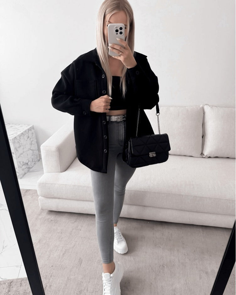 Women Oversized Shirt Jacket Shacket made of soft wool blend with patch chest pockets Mune Fashion