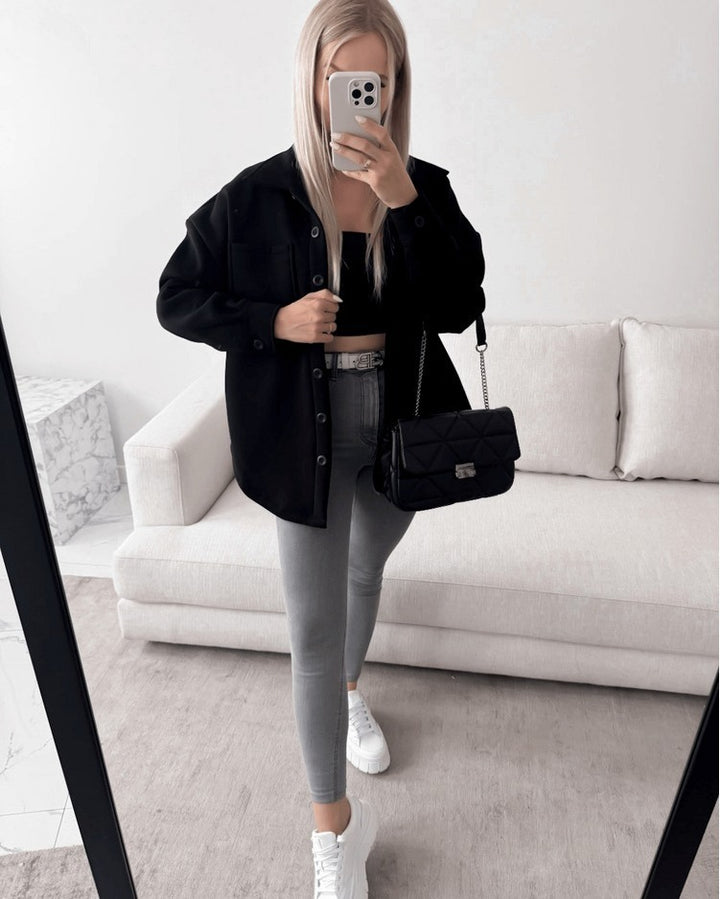 Women Oversized Shirt Jacket Shacket made of soft wool blend with patch chest pockets Mune Fashion