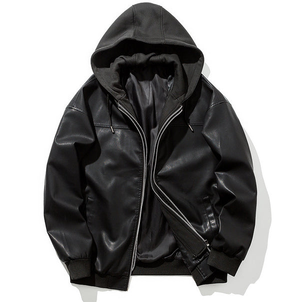 Men's Faux Leather Bomber Jacket with Hood, Zipper, and Ribbed Cuffs Mune Fashion