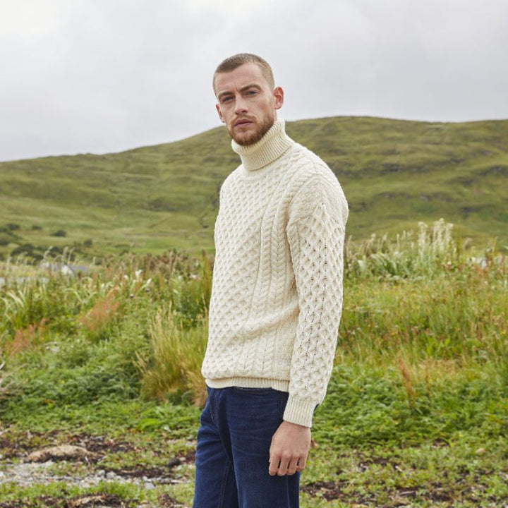 Men's knit pullover with stand-up collar and cable pattern