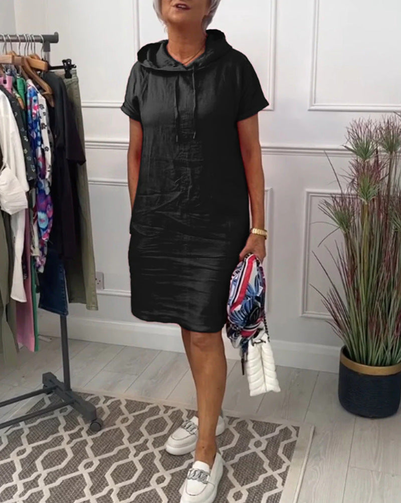 Women's casual hooded midi dress with short sleeves and straight relaxed fit Mune Fashion