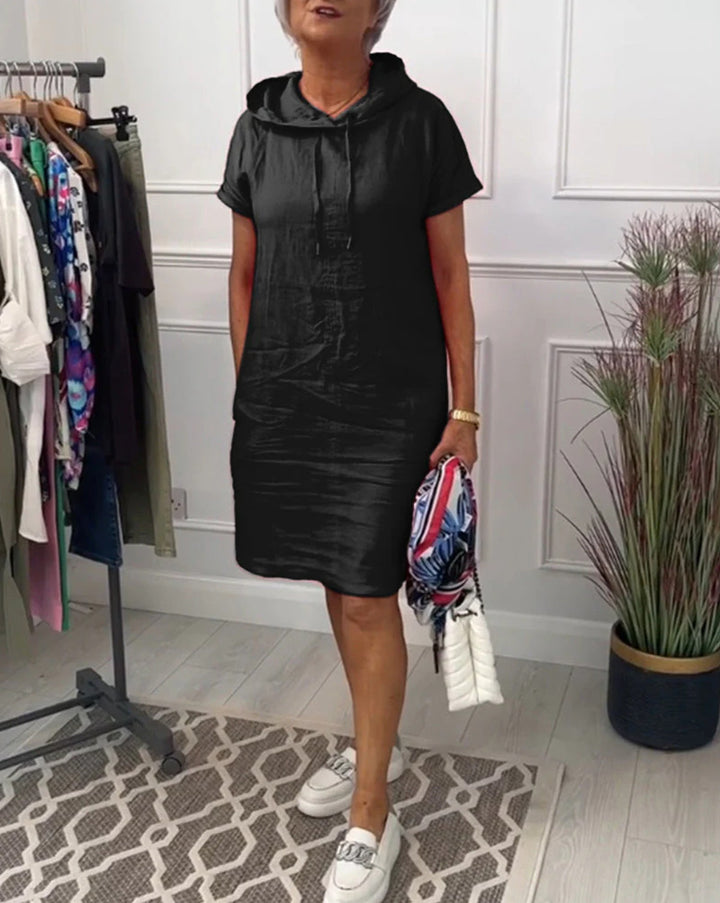 Women's casual hooded midi dress with short sleeves and straight relaxed fit Mune Fashion