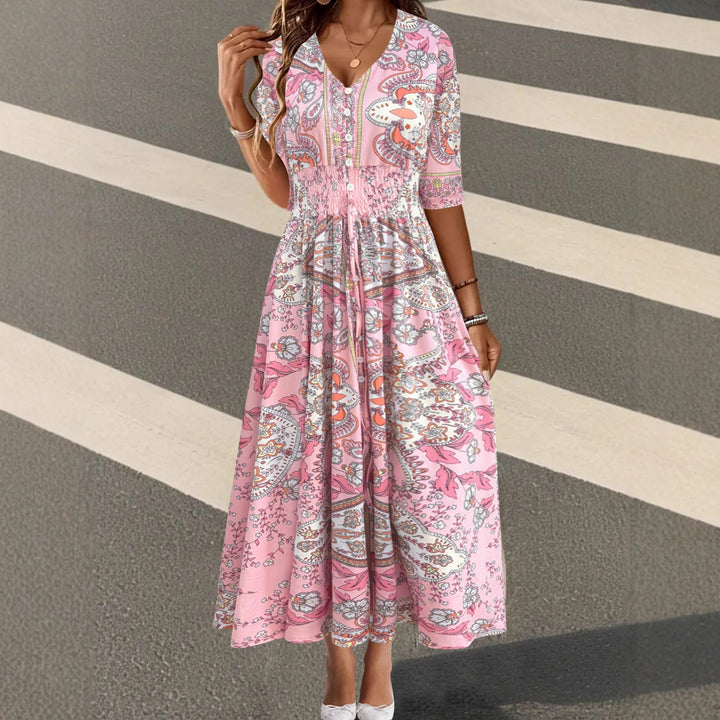 Women's Boho Maxi Dress with V-neck, Button Placket and Smocked Waist