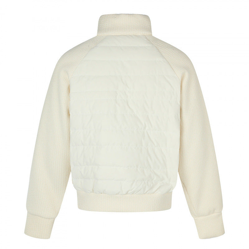Women's hybrid quilted jacket with quilted front, chunky knit sleeves, and high stand-up collar Mune Fashion