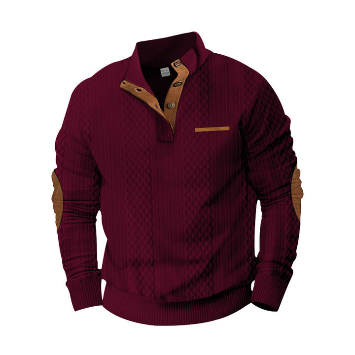 Men's Structured Cable Knit Sweatshirt with Half Button Placket, Faux Leather Patch Pocket & Elbow Patches Mune Fashion