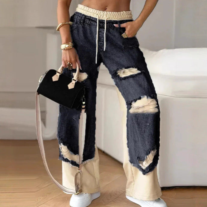 Women's double-layer jeans with appliquéd denim panels, elastic drawstring waistband, wide leg, and vintage-like rips Mune Fashion