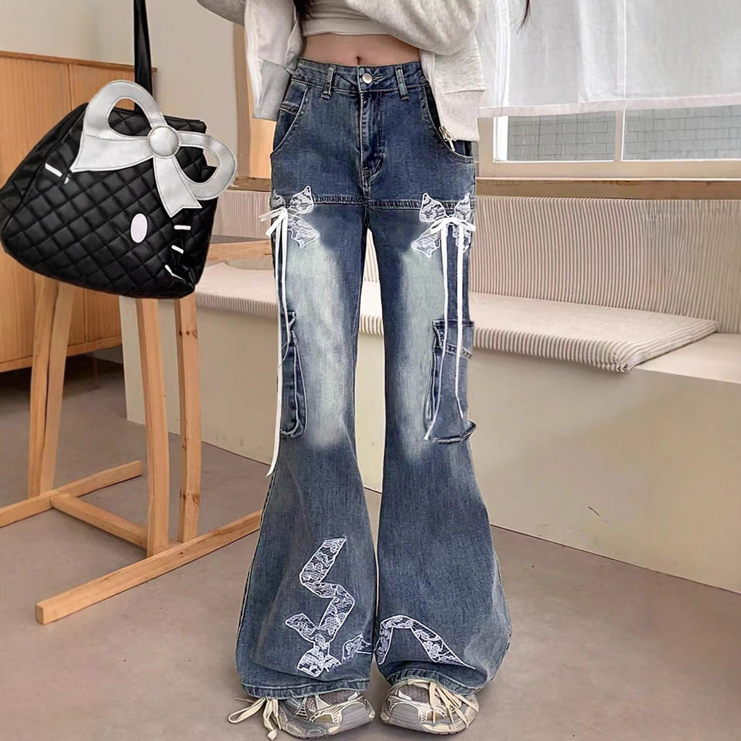 Women's wide flared cargo-style jeans with decorative ribbons, lace appliqués, and multiple pockets Mune Fashion