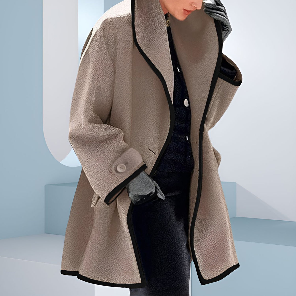 Women's A-line wool blend coat with hood and contrasting piping Mune Fashion