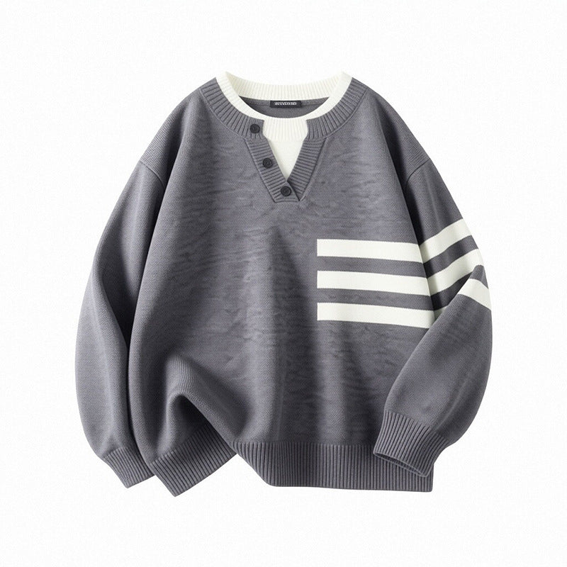 Women's Sporty Oversized Sweater with Button Placket and Stripes Mune Fashion
