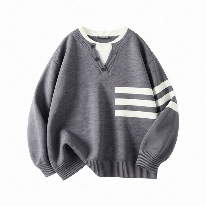 Women's Sporty Oversized Sweater with Button Placket and Stripes Mune Fashion