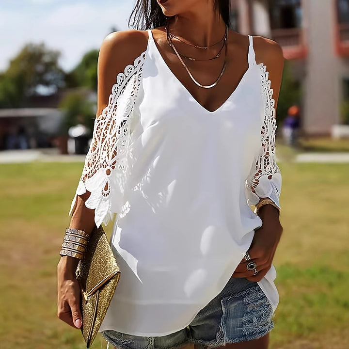 Women's off-the-shoulder spaghetti strap top with crocheted lace sleeves and V-neck Mune Fashion