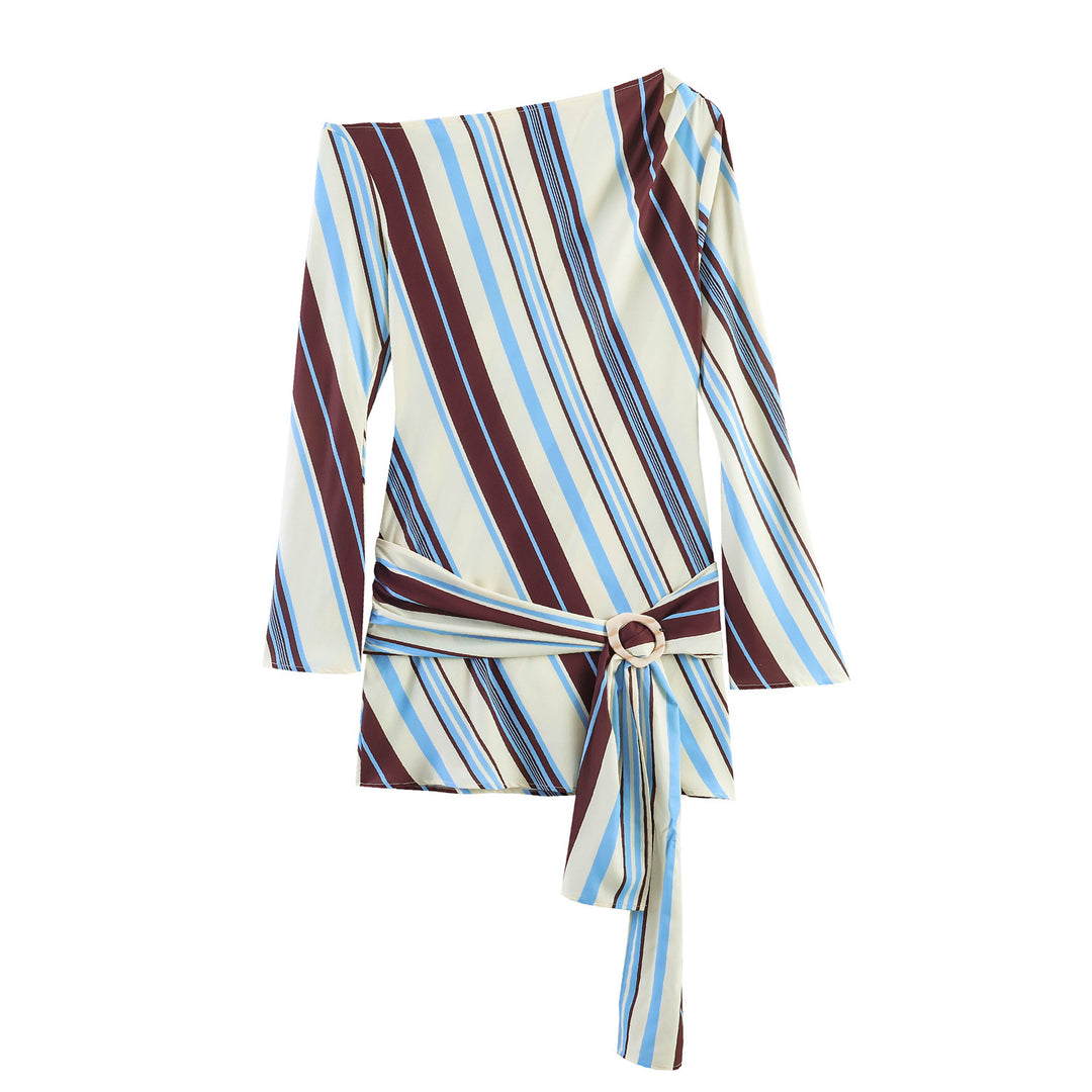 Women Asymmetrical Wrap Blouse with Waist Belt and Ring Detail Mune Fashion