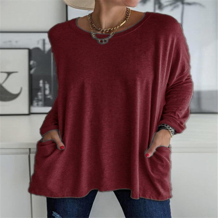 Women's oversized long sleeve tunic with round neckline, drop shoulder and patch pockets Mune Fashion