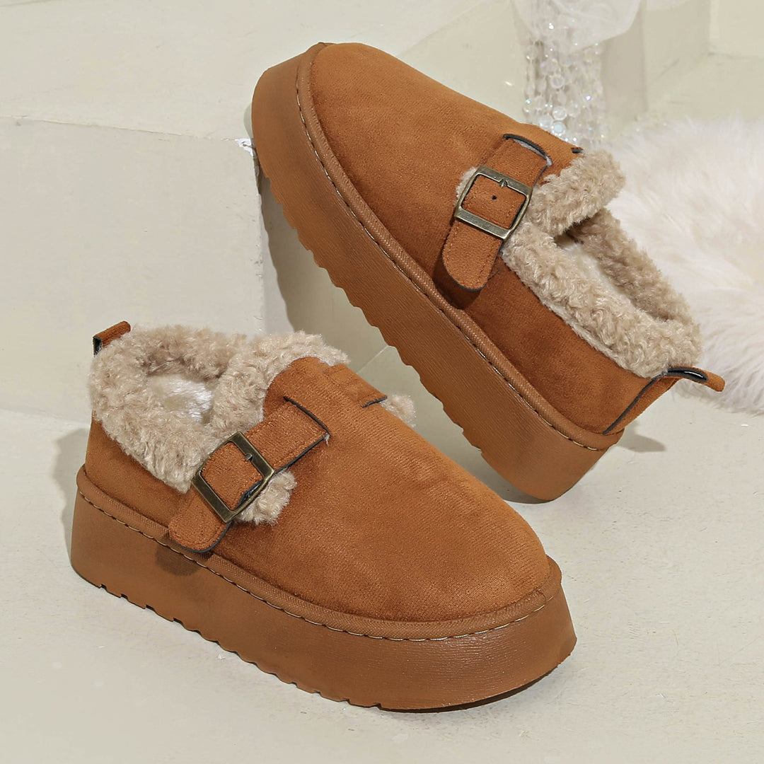 Women's Cozy Platform Slippers in Moccasin Style with Teddy Lining and Decorative Strap Mune Fashion