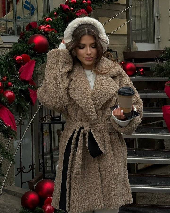 Women Short Oversized Winter Coat with Teddy Lining and Waist Belt Mune Fashion