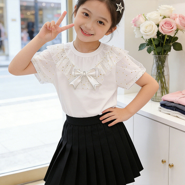 Girl T-shirt with ruffle details and transparent puff sleeves Mune Fashion