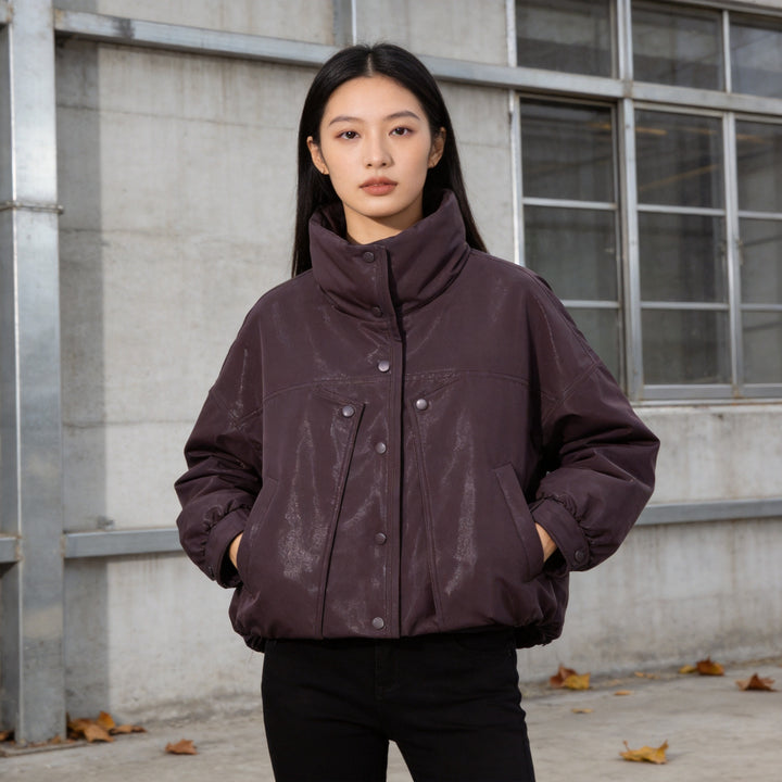 Women's Short Padded Jacket in Leather Look with High Stand-Up Collar and Gathered Hem Mune Fashion