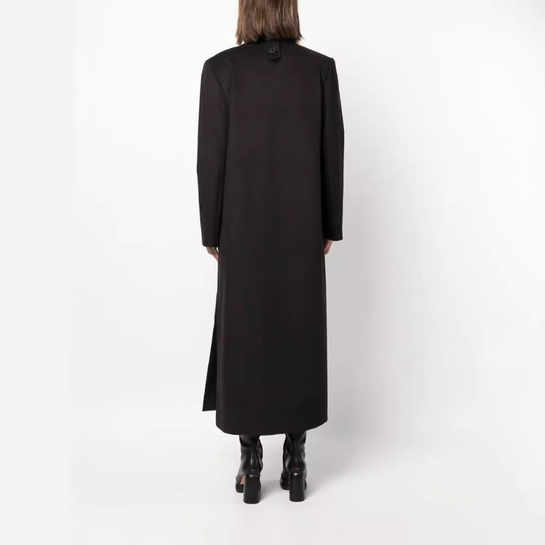 Women's Maxi Long Double-Breasted Wool Blend Coat with Structured Shoulders and Flap Pockets Mune Fashion