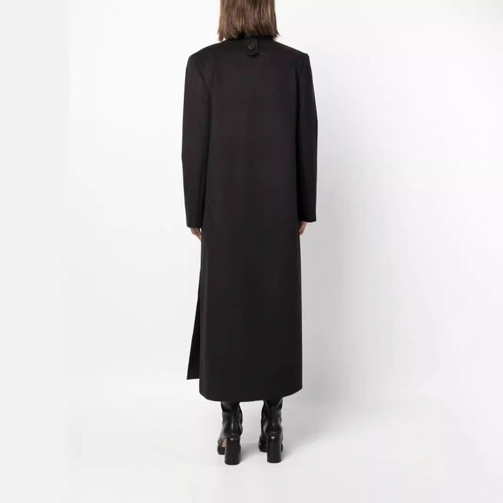 Women's Maxi Long Double-Breasted Wool Blend Coat with Structured Shoulders and Flap Pockets Mune Fashion
