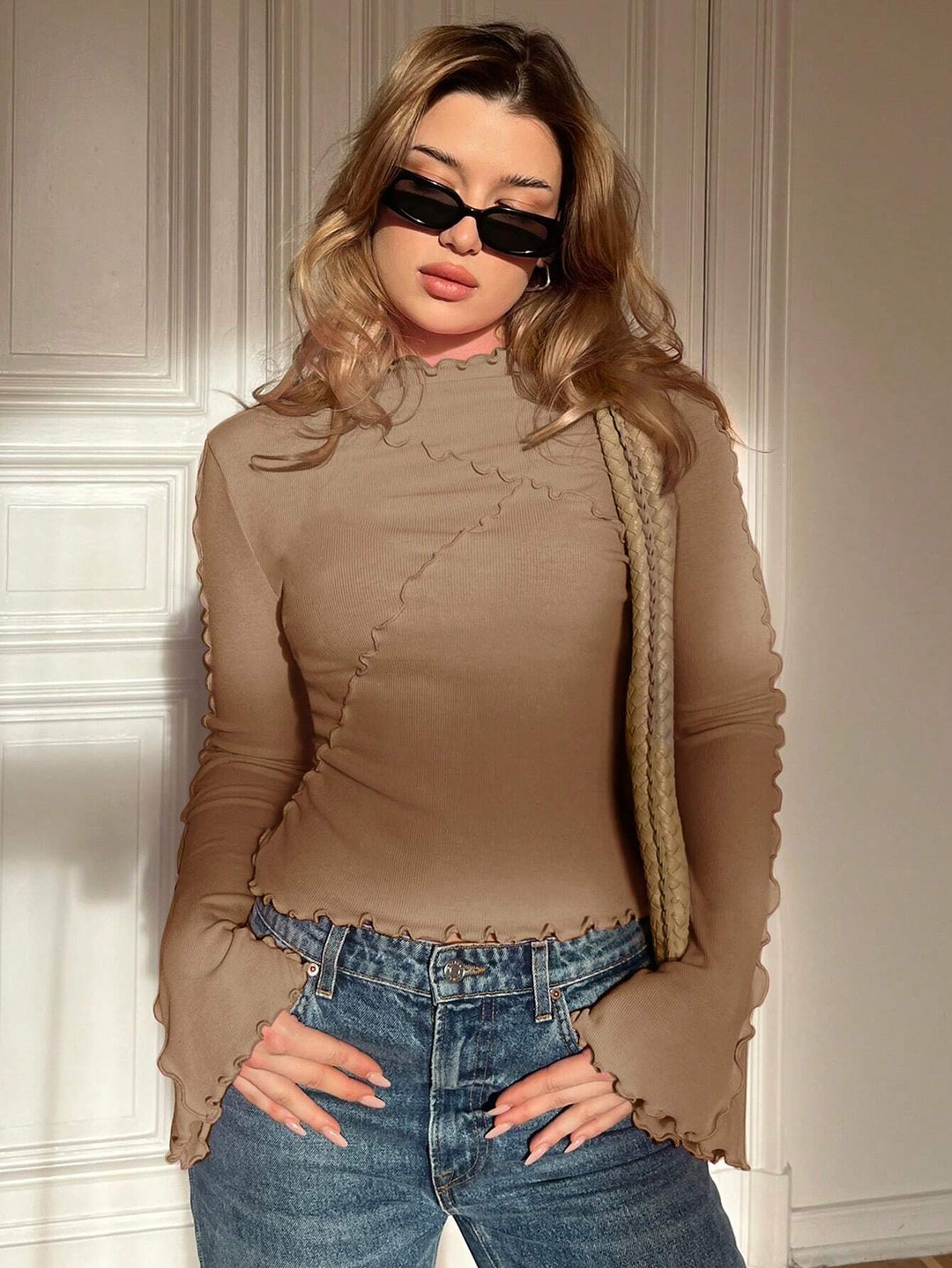 Ladies Fitted Ribbed Long Sleeve Shirt with Stand-up Collar and Ruffled Hem Mune Fashion