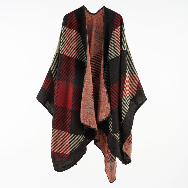Women’s cape poncho made of wool blend with geometric striped jacquard and open edge seam Mune Fashion