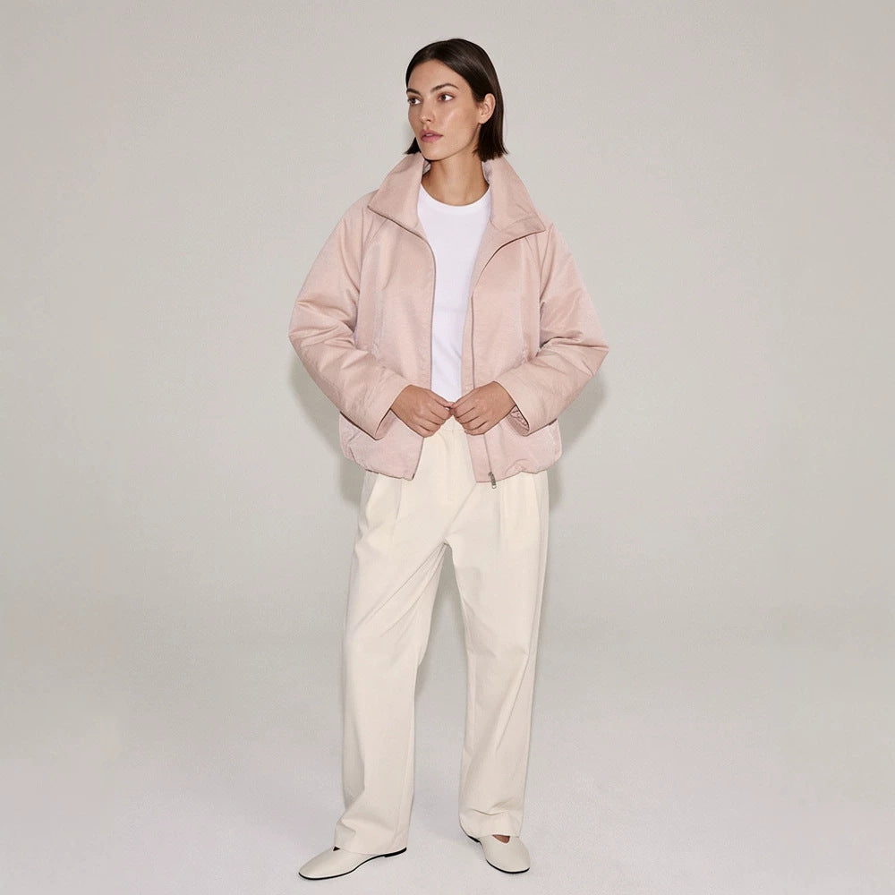 Women's light transitional jacket with high stand-up collar, raglan sleeves, and ballooned hem Mune Fashion
