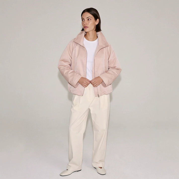 Women's light transitional jacket with high stand-up collar, raglan sleeves, and ballooned hem Mune Fashion