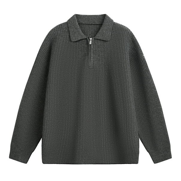 Unisex Boxy Rib Pullover with Polo Collar and Short Metal Half Zip Mune Fashion