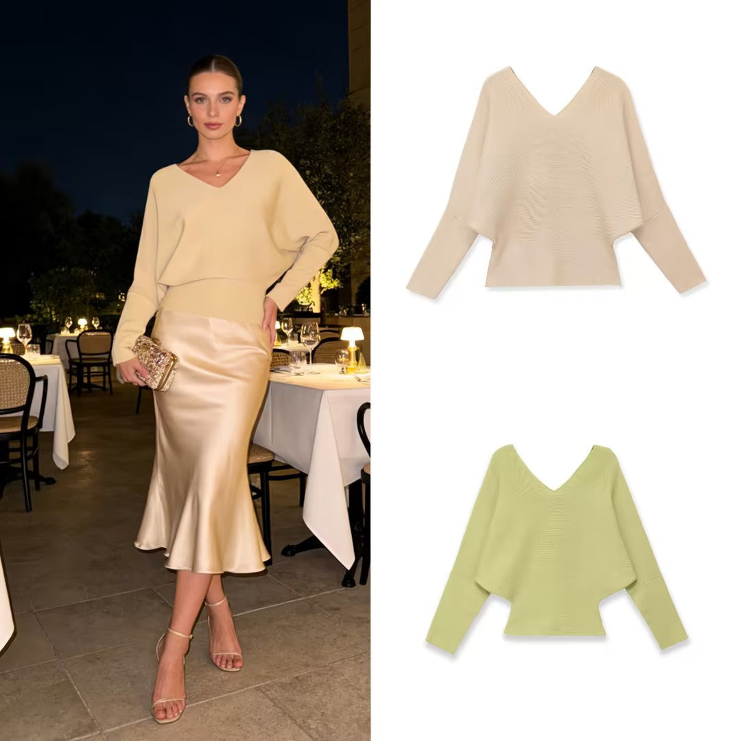 Women's Soft Fine Knit Top with Batwing Sleeves and Deep V-Neck Mune Fashion