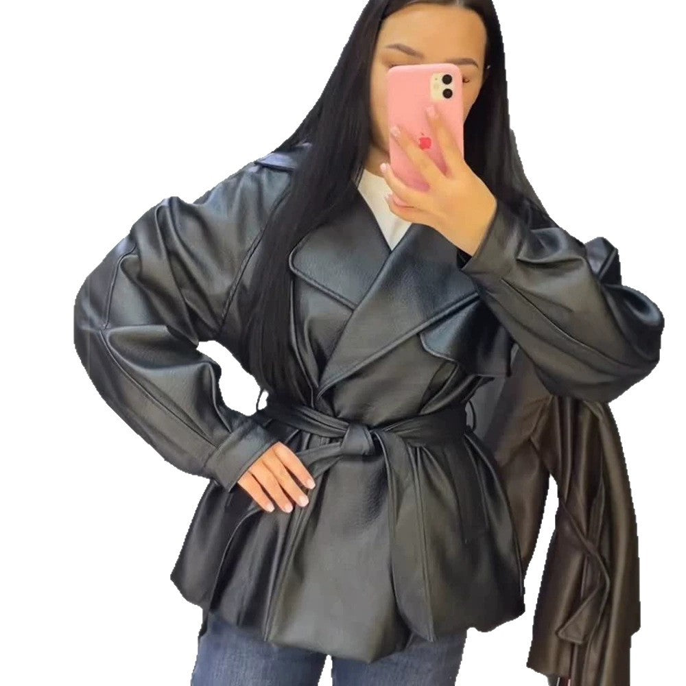 Women's Short Faux Leather Wrap Jacket with Waist Belt and Oversized Lapel Mune Fashion