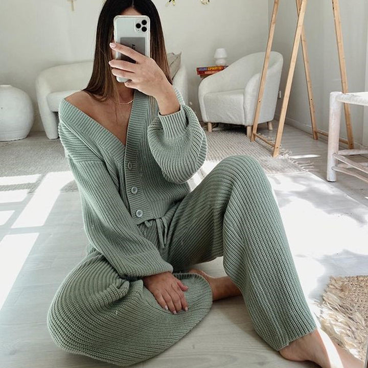 Women Ribbed Knit Loungewear Set with Buttoned Cropped Cardigan and High-Waist Drawstring Pants Mune Fashion