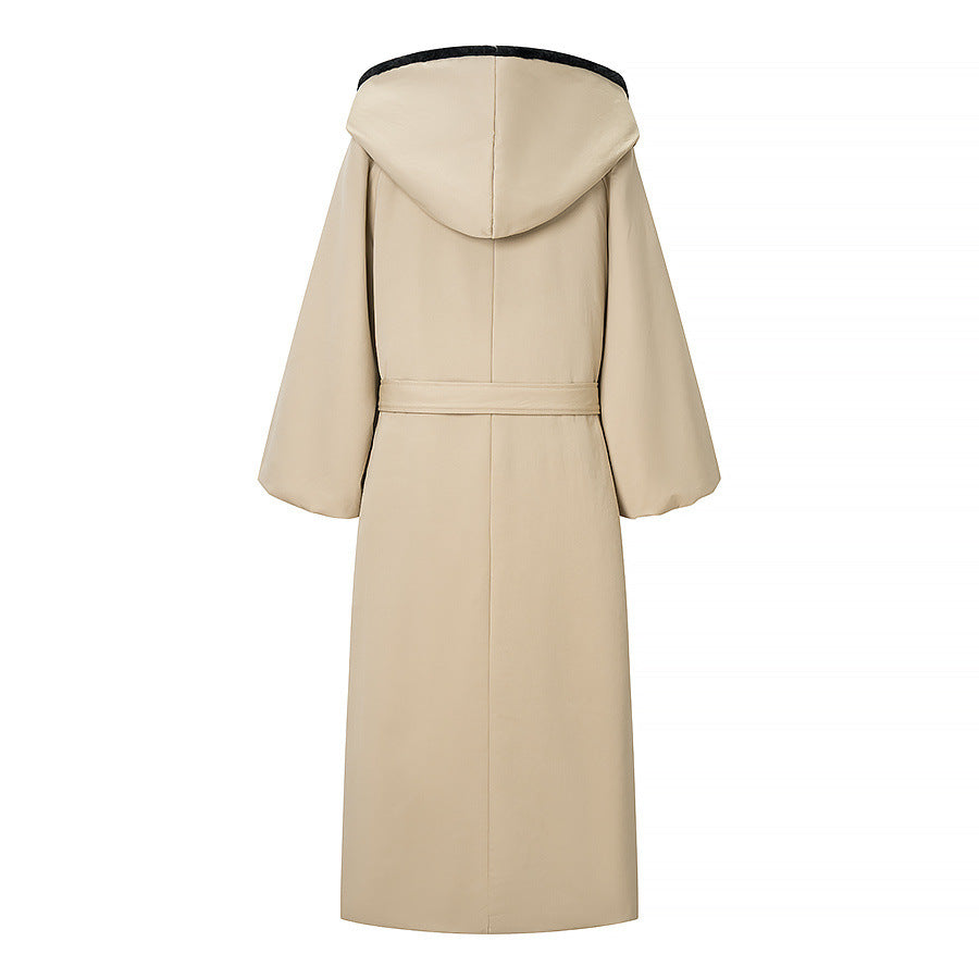 Women's longer hooded coat with cozy faux fur lining and tie belt Mune Fashion