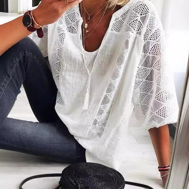 Women's airy blouse with deep neckline, lace inserts and balloon sleeves Mune Fashion