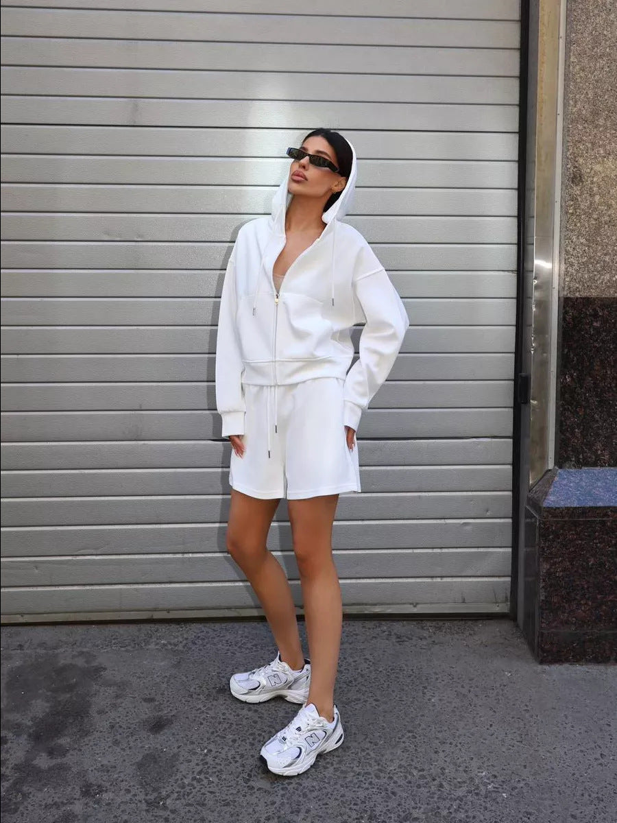 Women nan short hoodie sweatshirt with zipper and elastic high-waist relax shorts set Mune Fashion