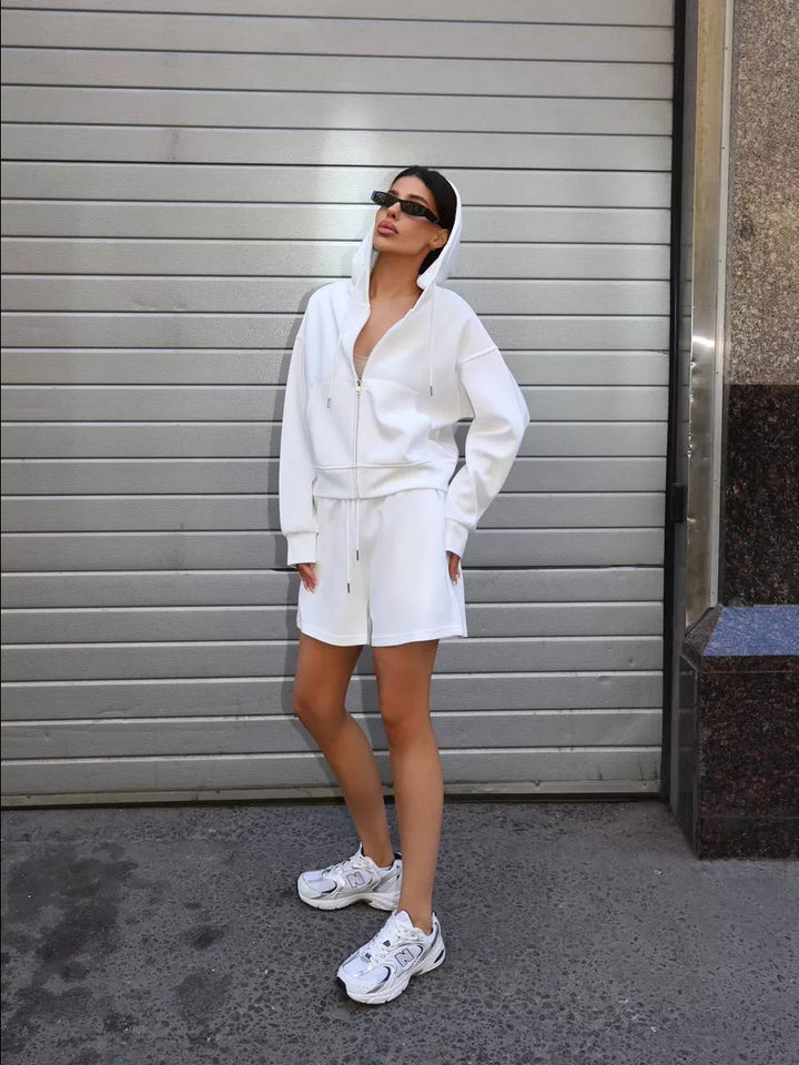 Women nan short hoodie sweatshirt with zipper and elastic high-waist relax shorts set Mune Fashion