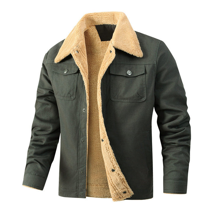 Men's Casual Sherpa-lined Canvas Trucker Jacket with Shirt Collar Mune Fashion