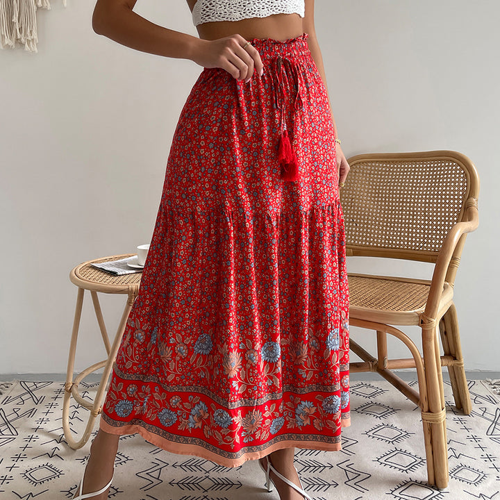 Ladies nan lightweight tiered maxi skirt with elastic ruffle waistband, cord tassel and delicate paisley print Mune Fashion