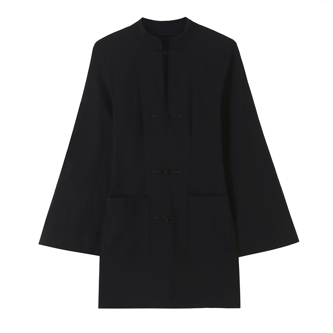 Women’s Mid-Length Coat with Stand Collar, traditional Knot closures and straight cut Mune Fashion