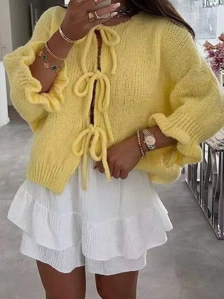 Women's Cozy Short Knit Cardigan with Tie Details, Ruffle Sleeves, and Loose Oversized Cut Mune Fashion