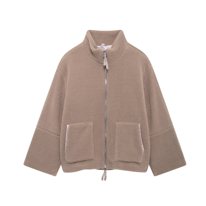 Women's Oversize Teddy Fleece Jacket with Stand-up Collar and Patch Pockets Mune Fashion