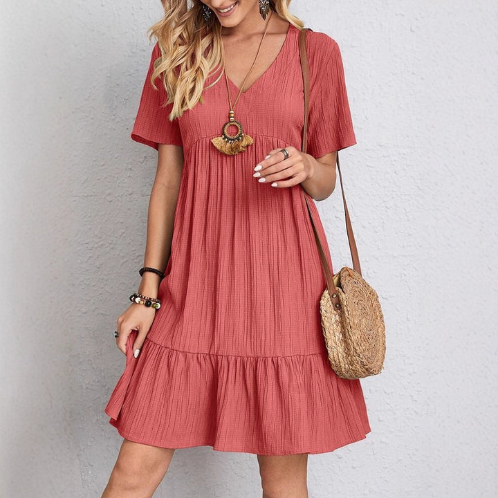Women nan Crinkle summer dress with V-neck, empire seam and ruffle hem Mune Fashion