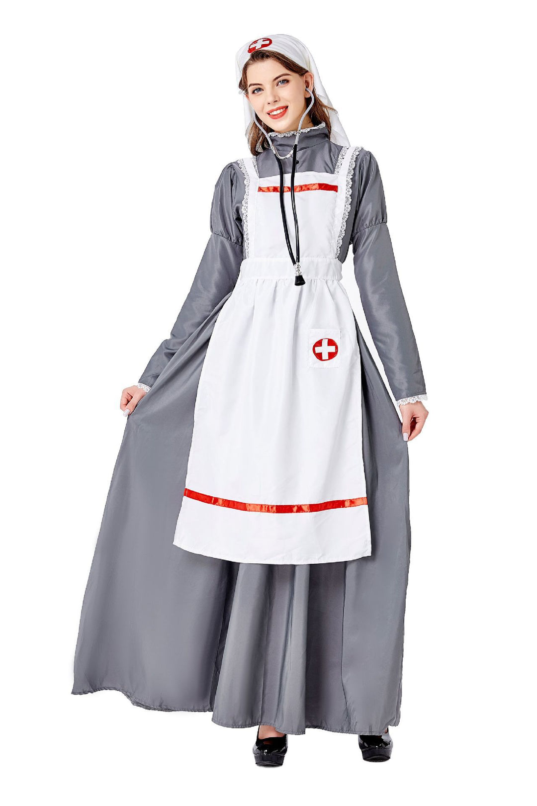 Women's vintage nurse costume with apron and headscarf Mune Fashion