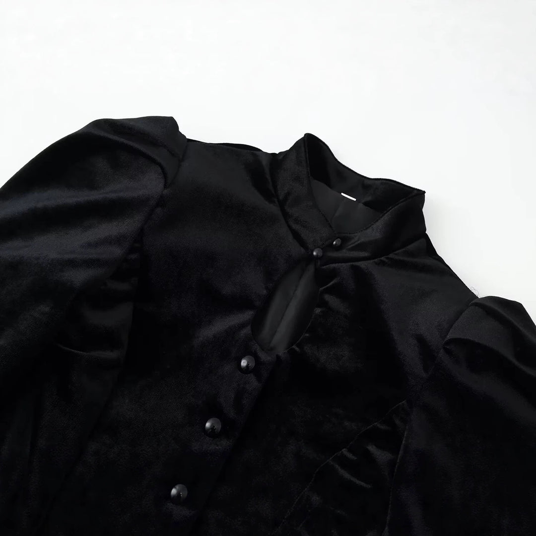 Women's Satin Blouse with Stand Collar, Puff Sleeves and Peplum Details Mune Fashion