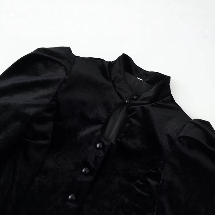 Women's Satin Blouse with Stand Collar, Puff Sleeves and Peplum Details Mune Fashion