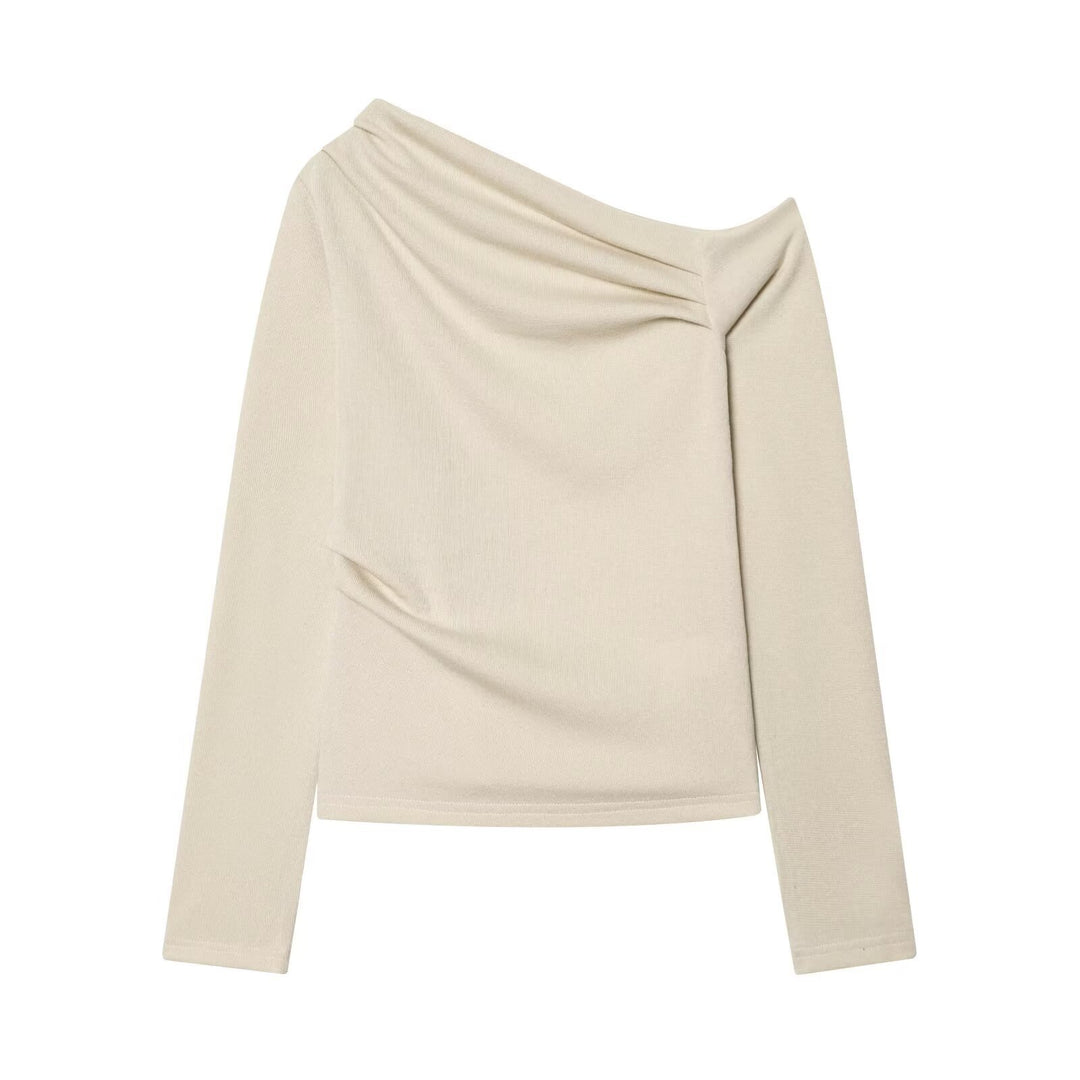 Women Off-Shoulder Fine Knit Long Sleeve with Draped Waterfall Collar Mune Fashion